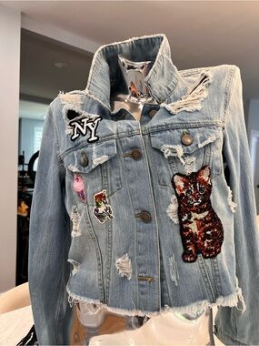 Design Lab Lord & Taylor Light Wash Denim Jacket with Distressed Accents